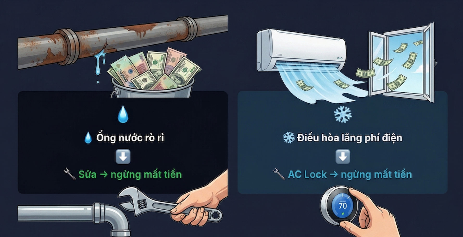 Pipe leak vs AC waste analogy